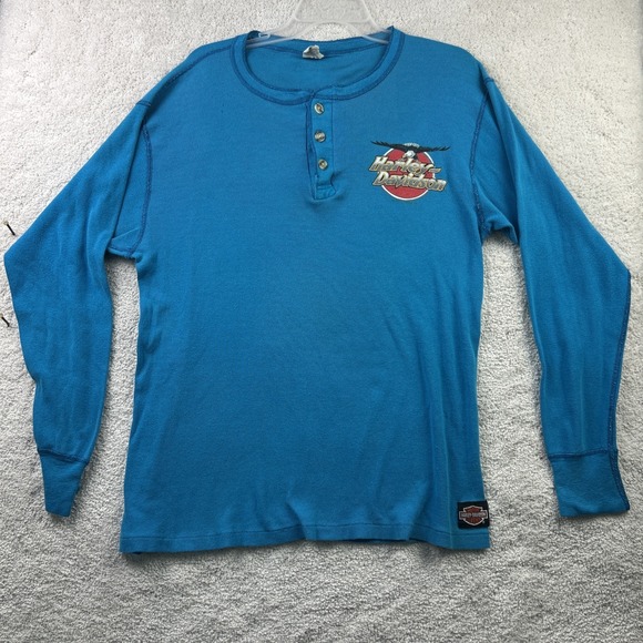 VTG Harley Davidson JE Morgan Hometown L Graphic Henley Crew Neck Shirt USA Mens